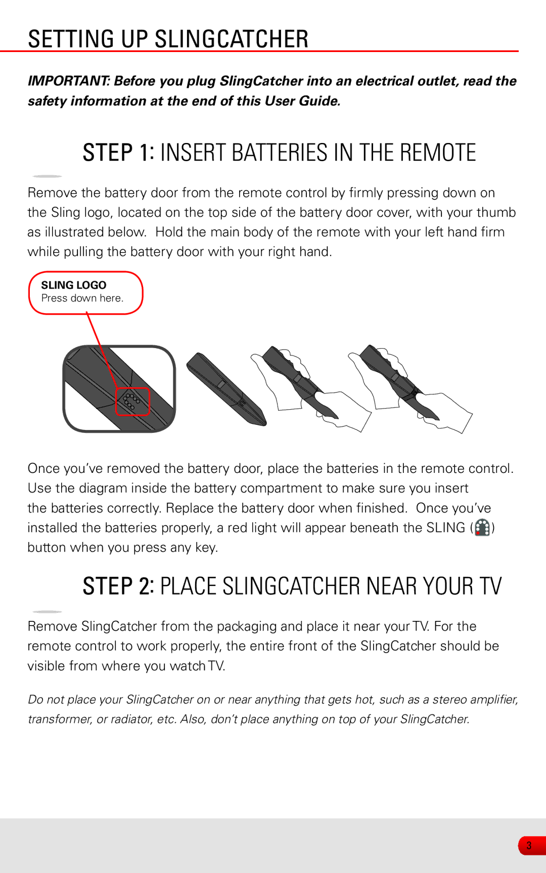 Sling Media KSAFF0500400W1US Setting up SlingCatcher, Insert batteries in the remote, Place SlingCatcher near your TV 