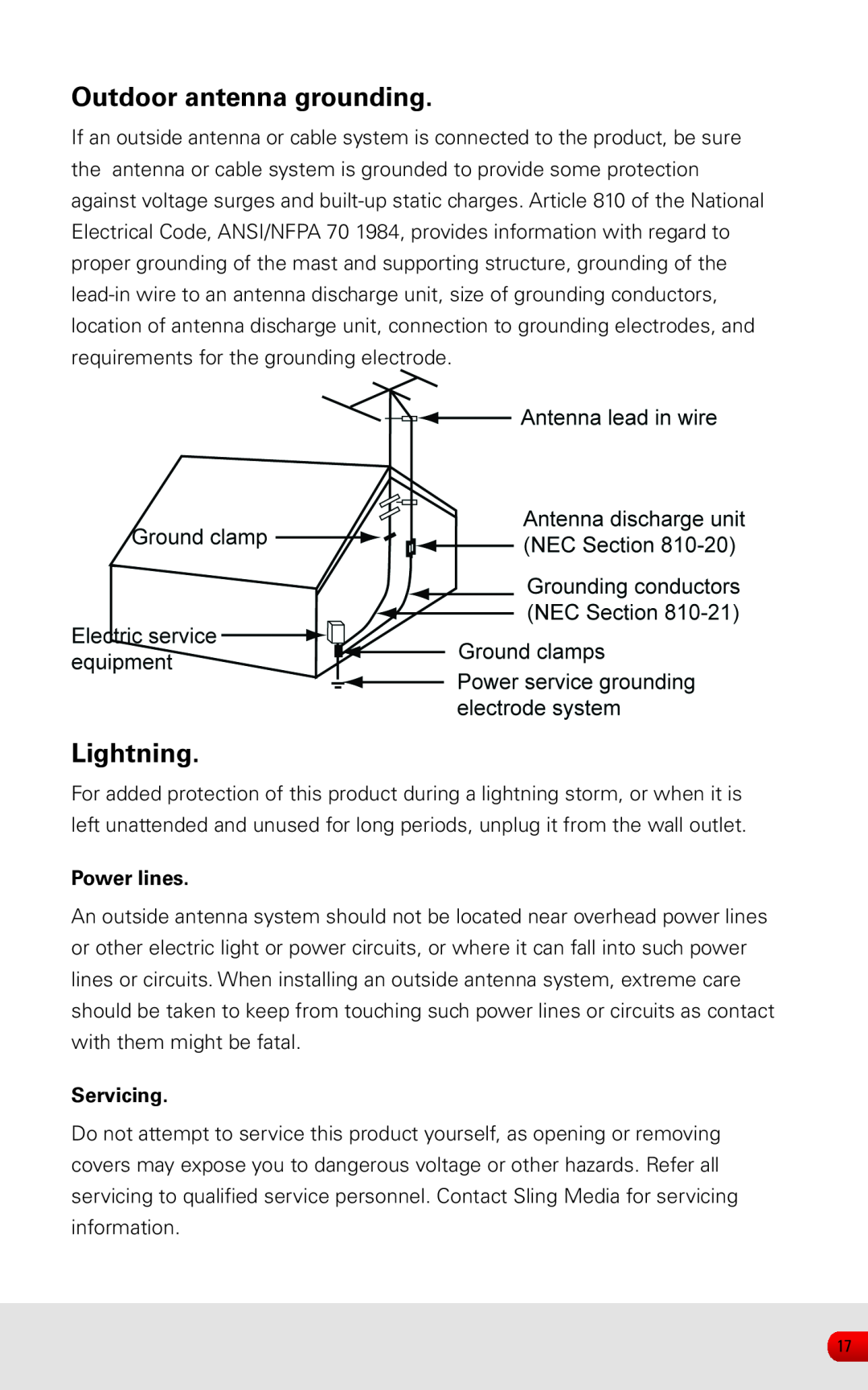 Sling Media KSAFF0500400W1US manual Outdoor antenna grounding, Lightning, Power lines, Servicing 