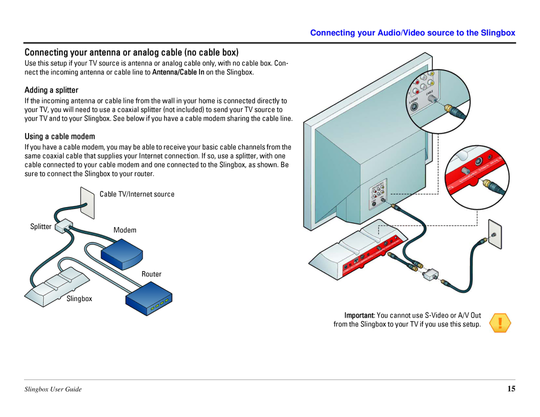 Sling Media SB260-100 manual Connecting your antenna or analog cable no cable box, Adding a splitter, Using a cable modem 