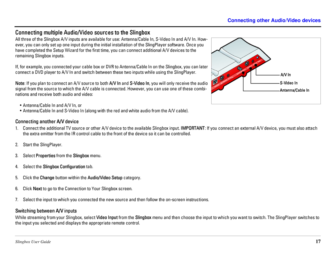 Sling Media SB260-100 manual Connecting multiple Audio/Video sources to the Slingbox, Connecting another A/V device 