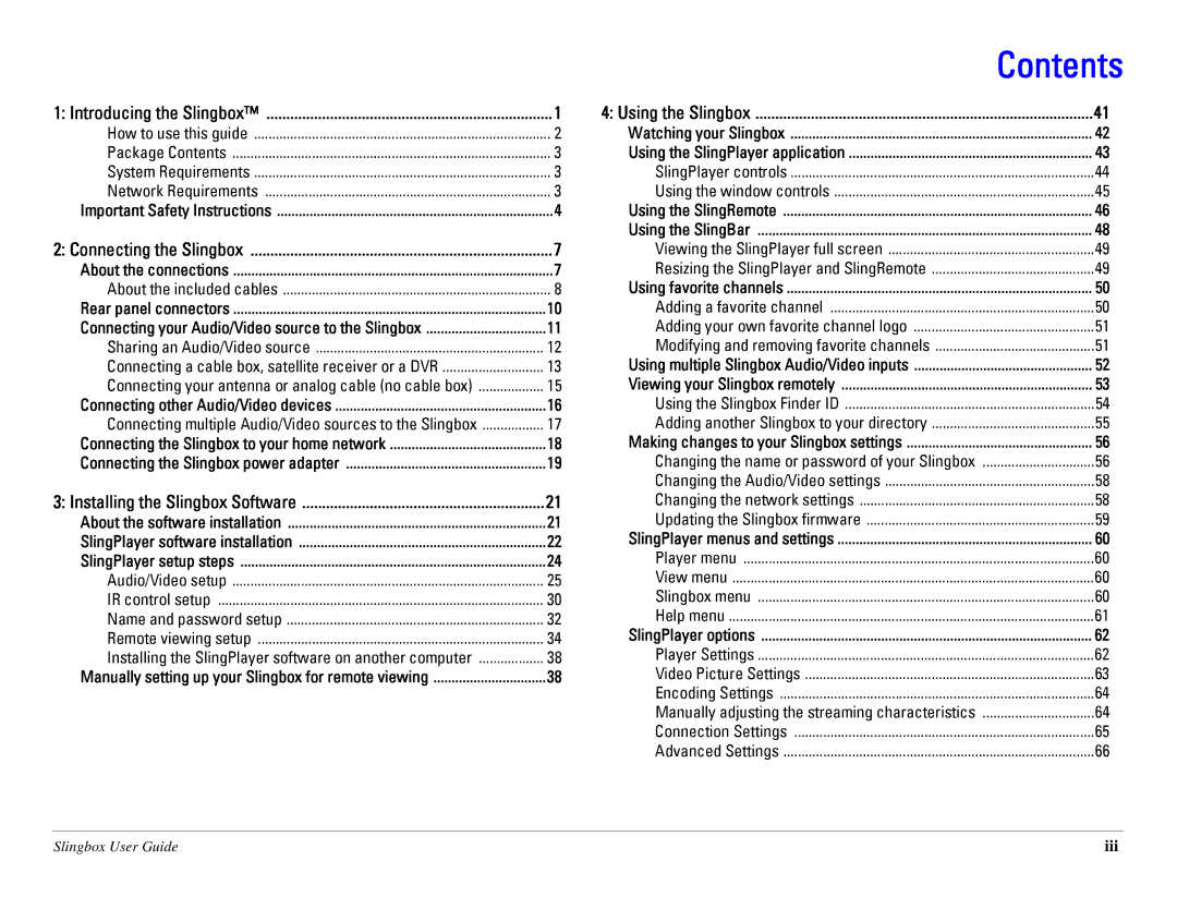 Sling Media SB260-100 manual Contents 