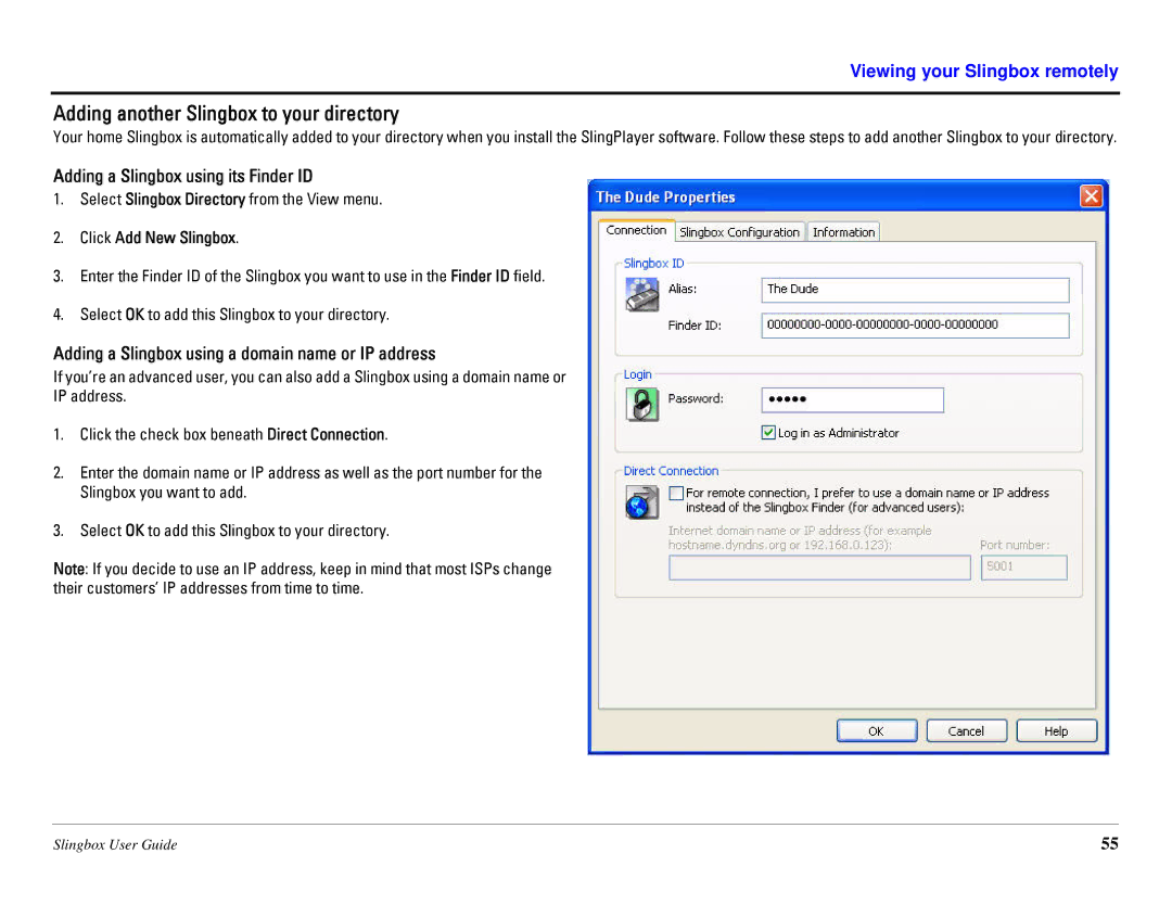 Sling Media SB260-100 manual Adding another Slingbox to your directory, Adding a Slingbox using its Finder ID 