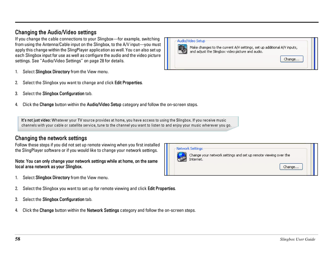 Sling Media SB260-100 manual Changing the Audio/Video settings, Changing the network settings 