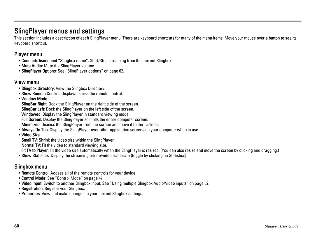 Sling Media SB260-100 manual SlingPlayer menus and settings, View menu, Slingbox menu 