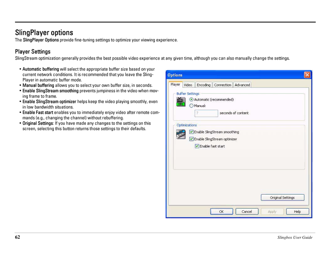 Sling Media SB260-100 manual SlingPlayer options, Player Settings 