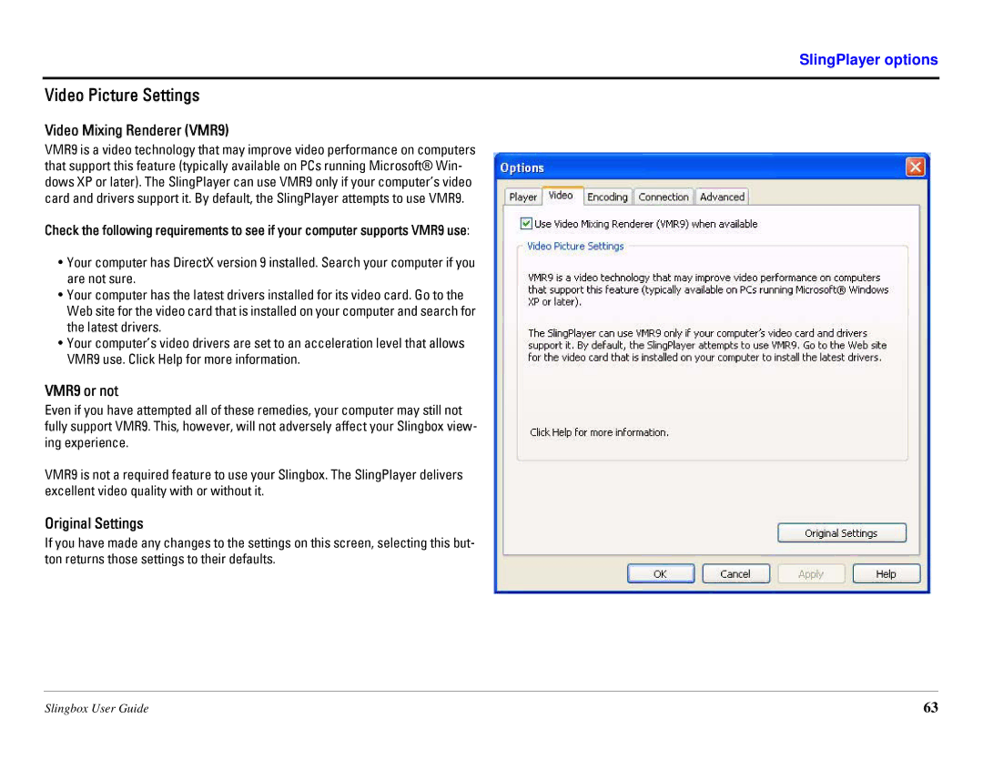 Sling Media SB260-100 manual Video Picture Settings, Video Mixing Renderer VMR9, VMR9 or not, Original Settings 