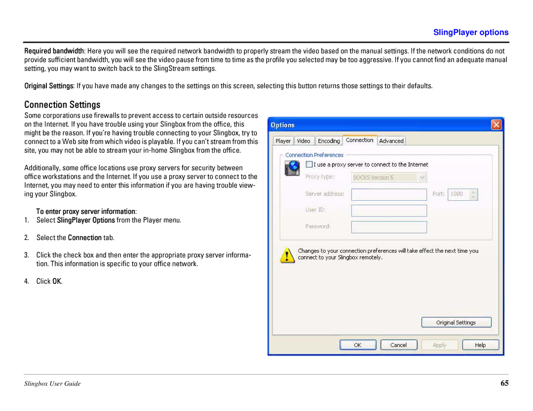 Sling Media SB260-100 manual Connection Settings, To enter proxy server information 