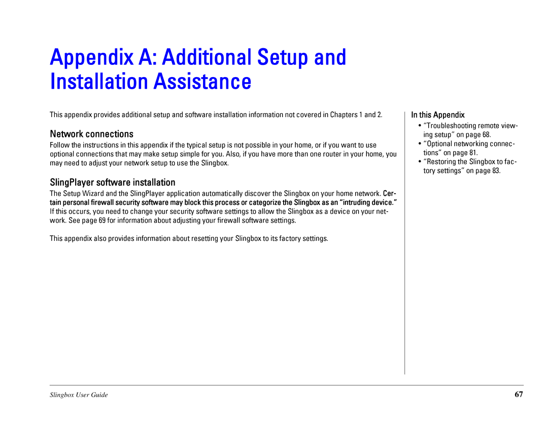 Sling Media SB260-100 manual Network connections, SlingPlayer software installation, This Appendix 