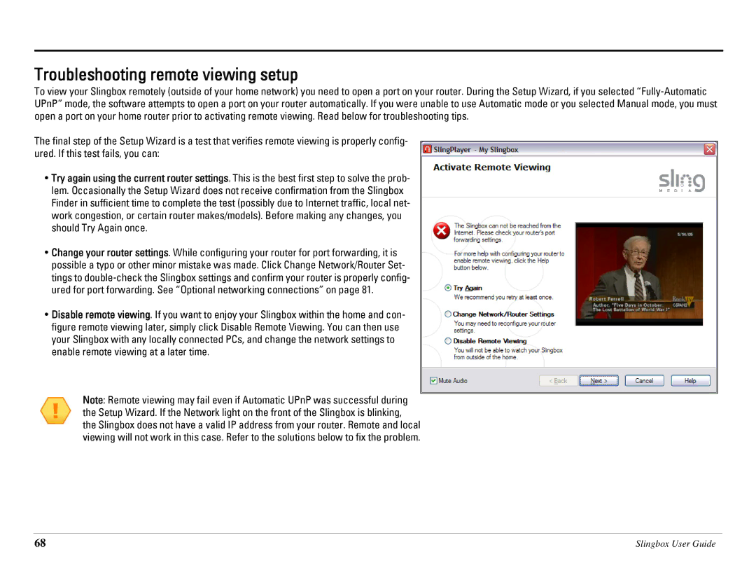 Sling Media SB260-100 manual Troubleshooting remote viewing setup 