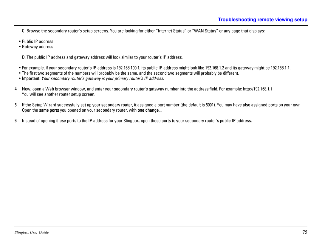 Sling Media SB260-100 manual Troubleshooting remote viewing setup 