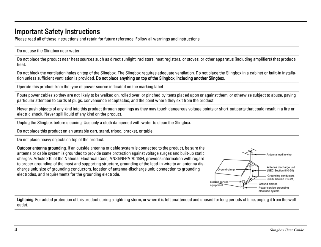 Sling Media SB260-100 manual Important Safety Instructions 