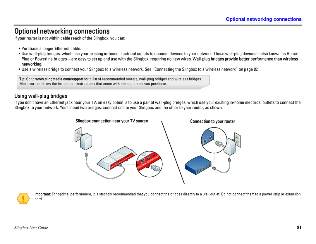 Sling Media SB260-100 Optional networking connections, Using wall-plug bridges, Slingbox connection near your TV source 