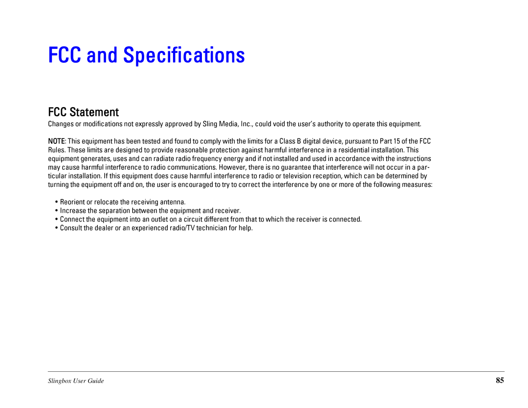 Sling Media SB260-100 manual FCC and Specifications, FCC Statement 