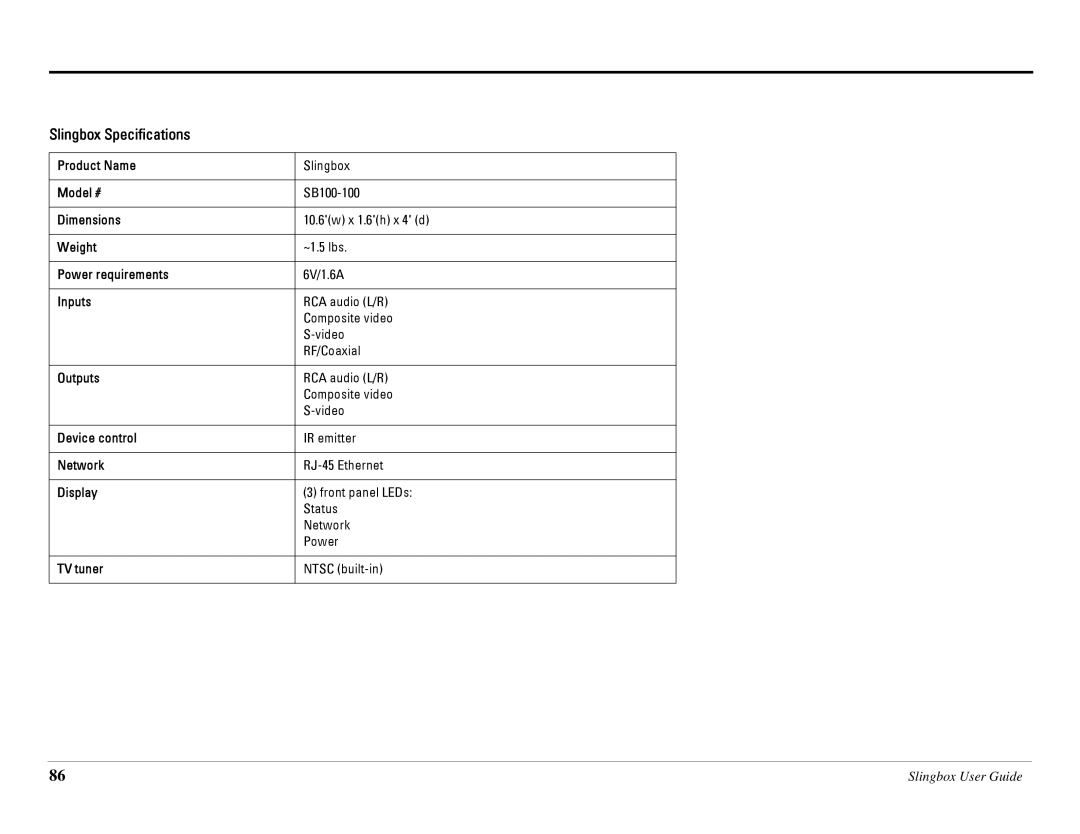 Sling Media SB260-100 manual Slingbox Specifications 