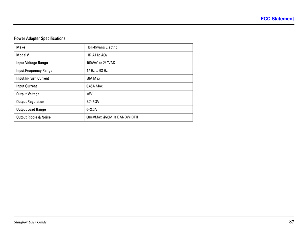 Sling Media SB260-100 manual FCC Statement, Power Adapter Specifications 