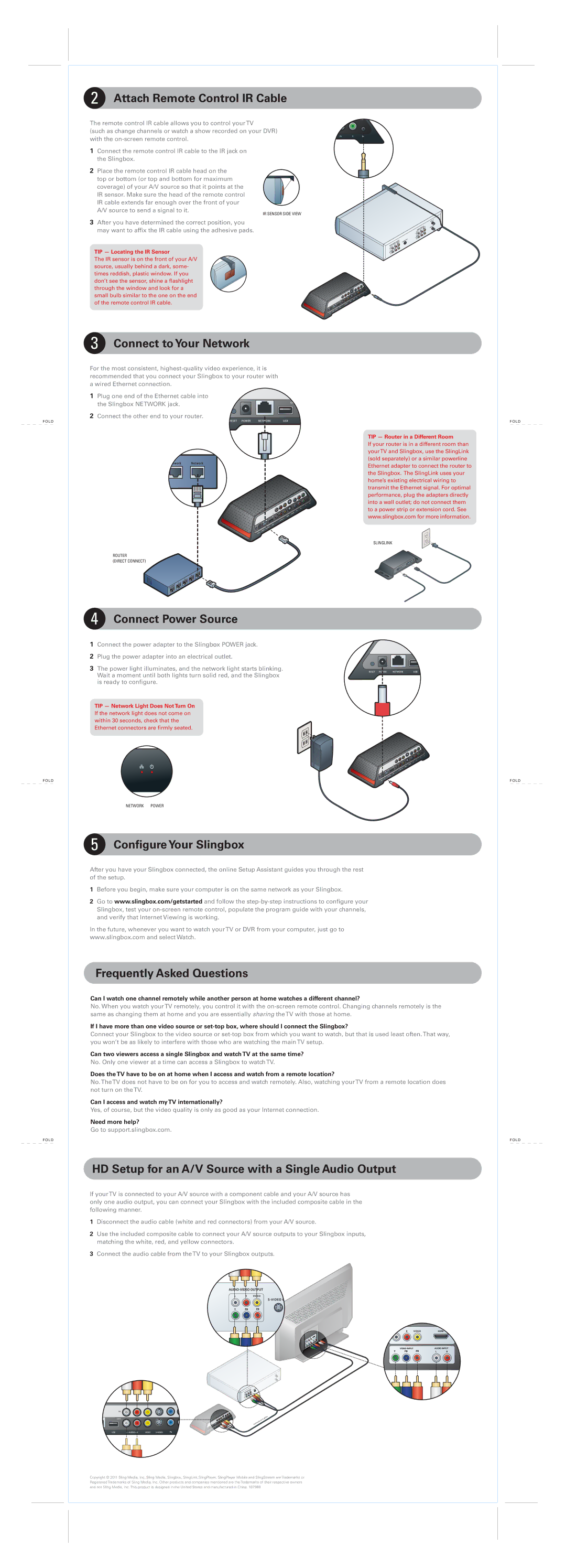 Sling Media SB260100 Attach Remote Control IR Cable, Connect to Your Network, Connect Power Source, Conﬁgure Your Slingbox 