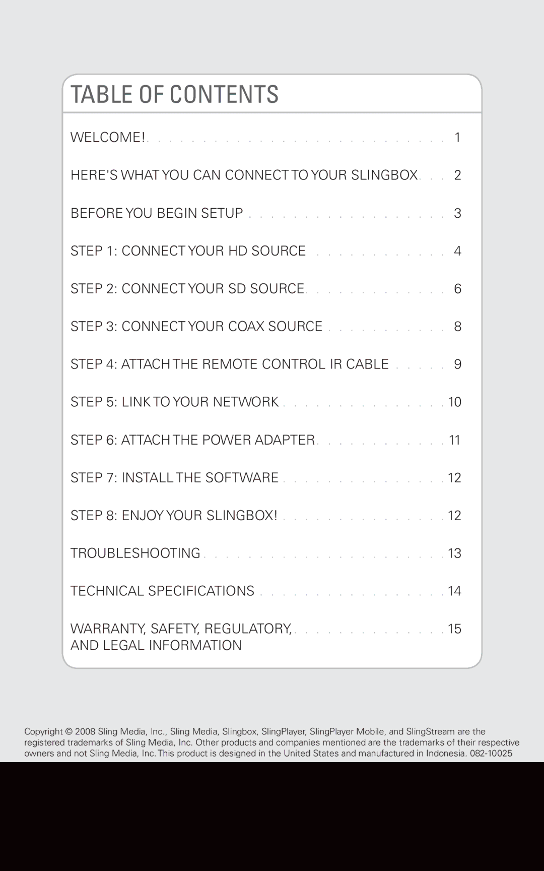 Sling Media SB300-100 manual Table of Contents 