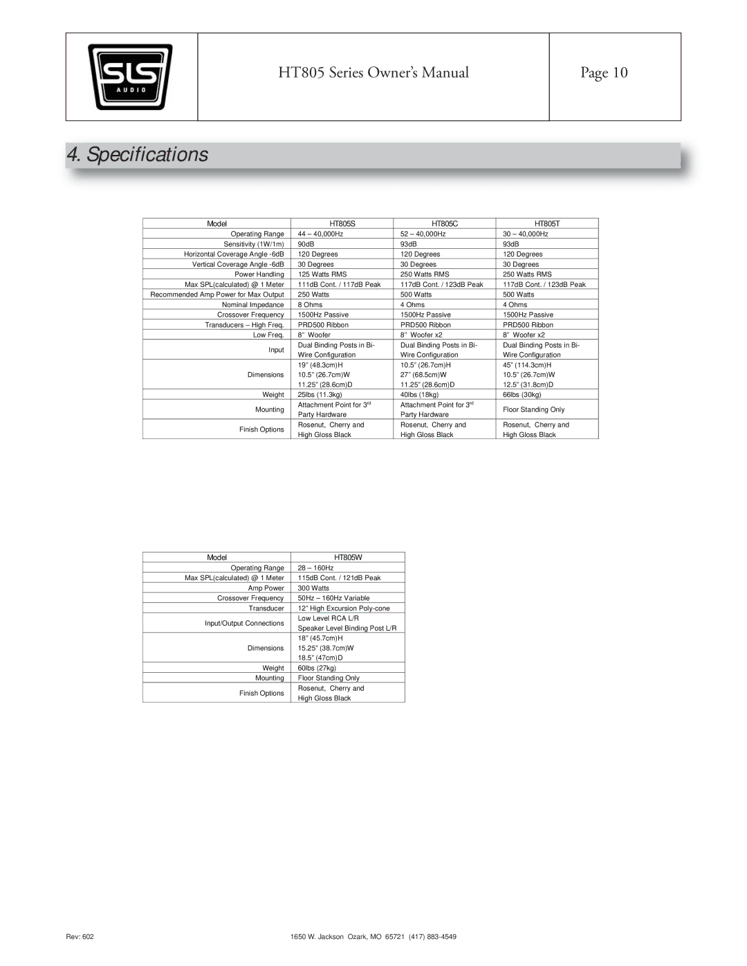 SLS Audio HT805W owner manual Specifications, Model HT805S HT805C HT805T 