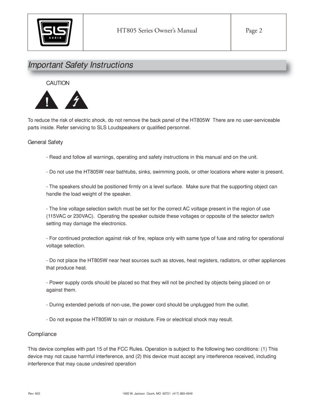 SLS Audio HT805T, HT805S, HT805W, HT805C owner manual Important Safety Instructions, General Safety, Compliance 