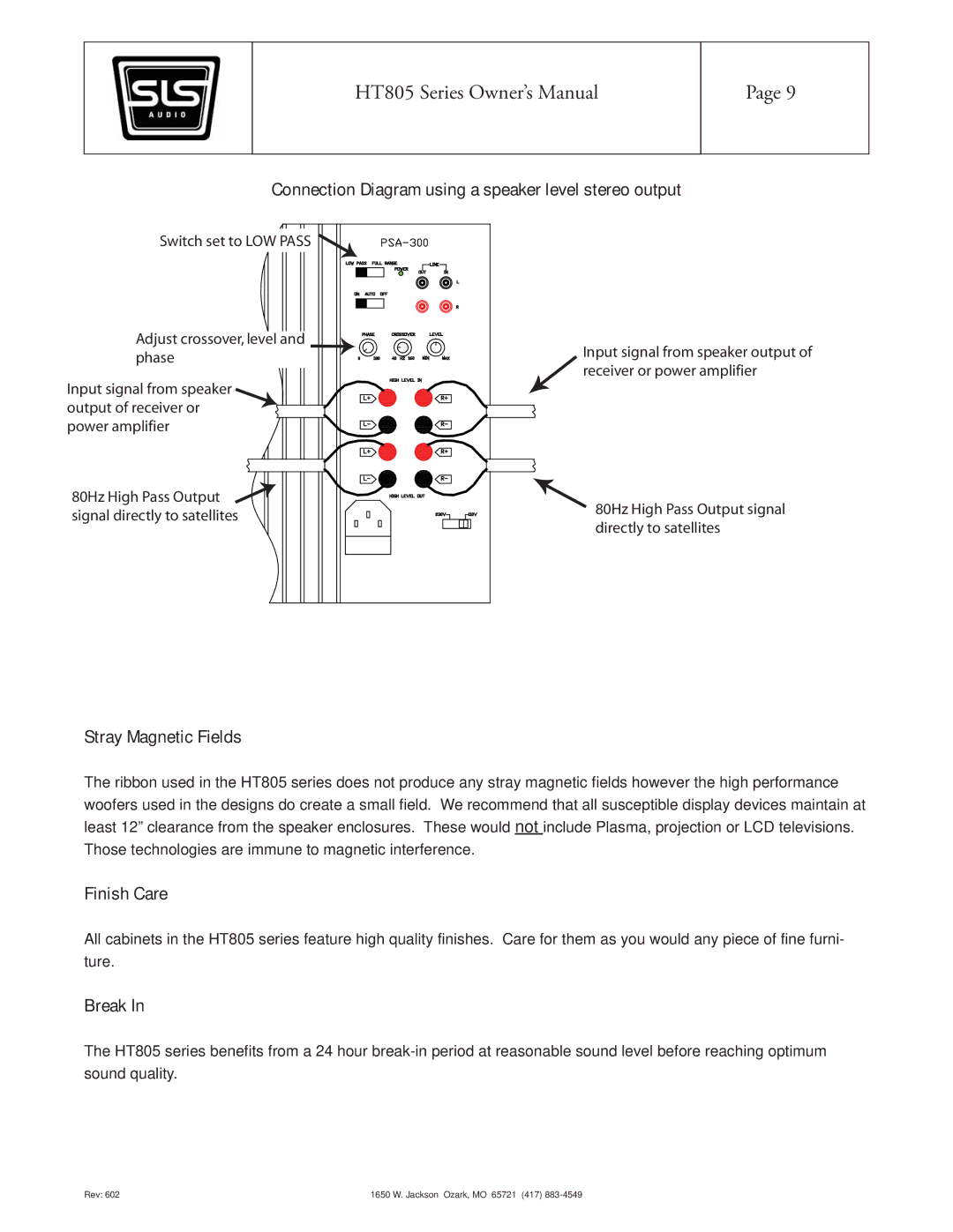 SLS Audio HT805W, HT805S Connection Diagram using a speaker level stereo output, Stray Magnetic Fields, Finish Care, Break 