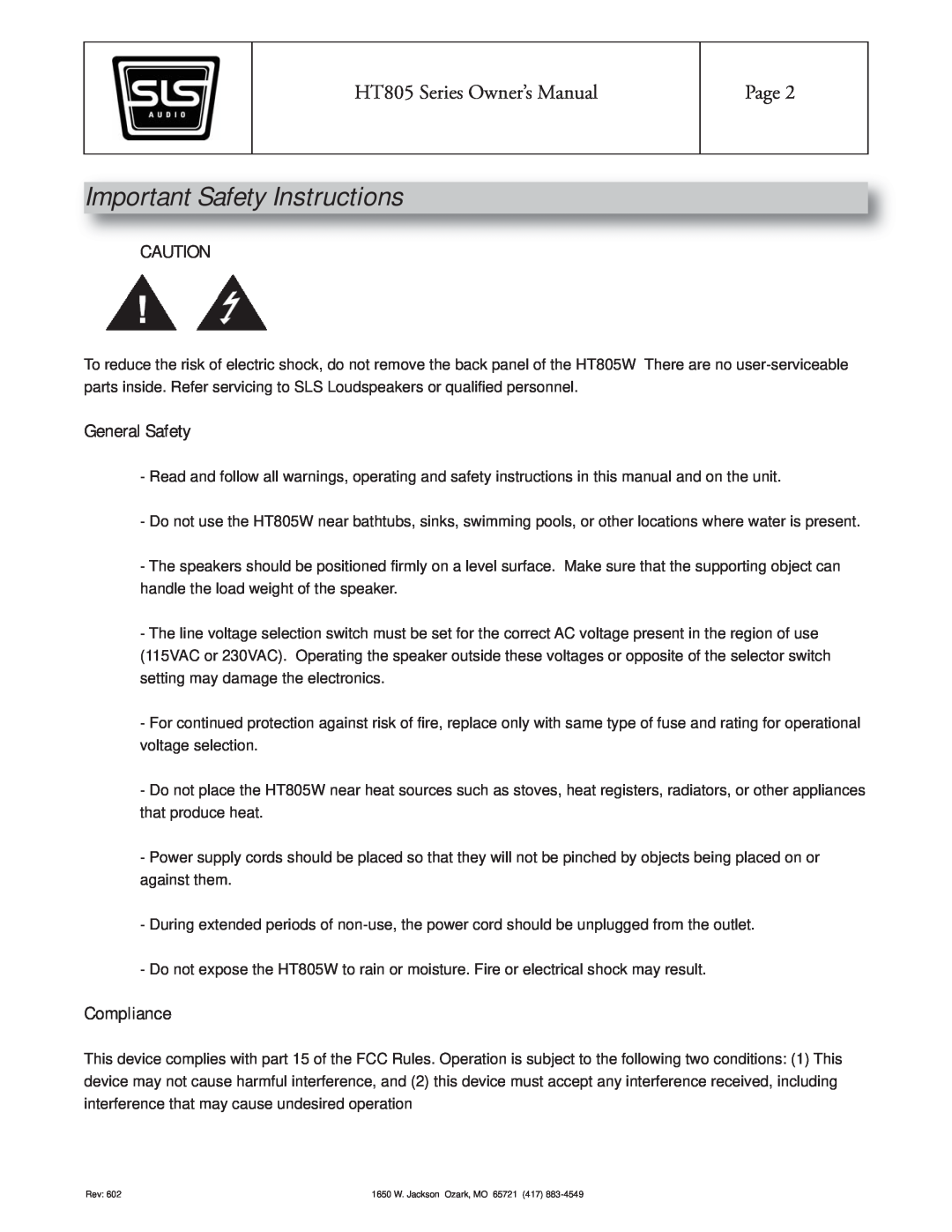 SLS Audio HT805T, HT805S, HT805W, HT805C owner manual Important Safety Instructions, Page 