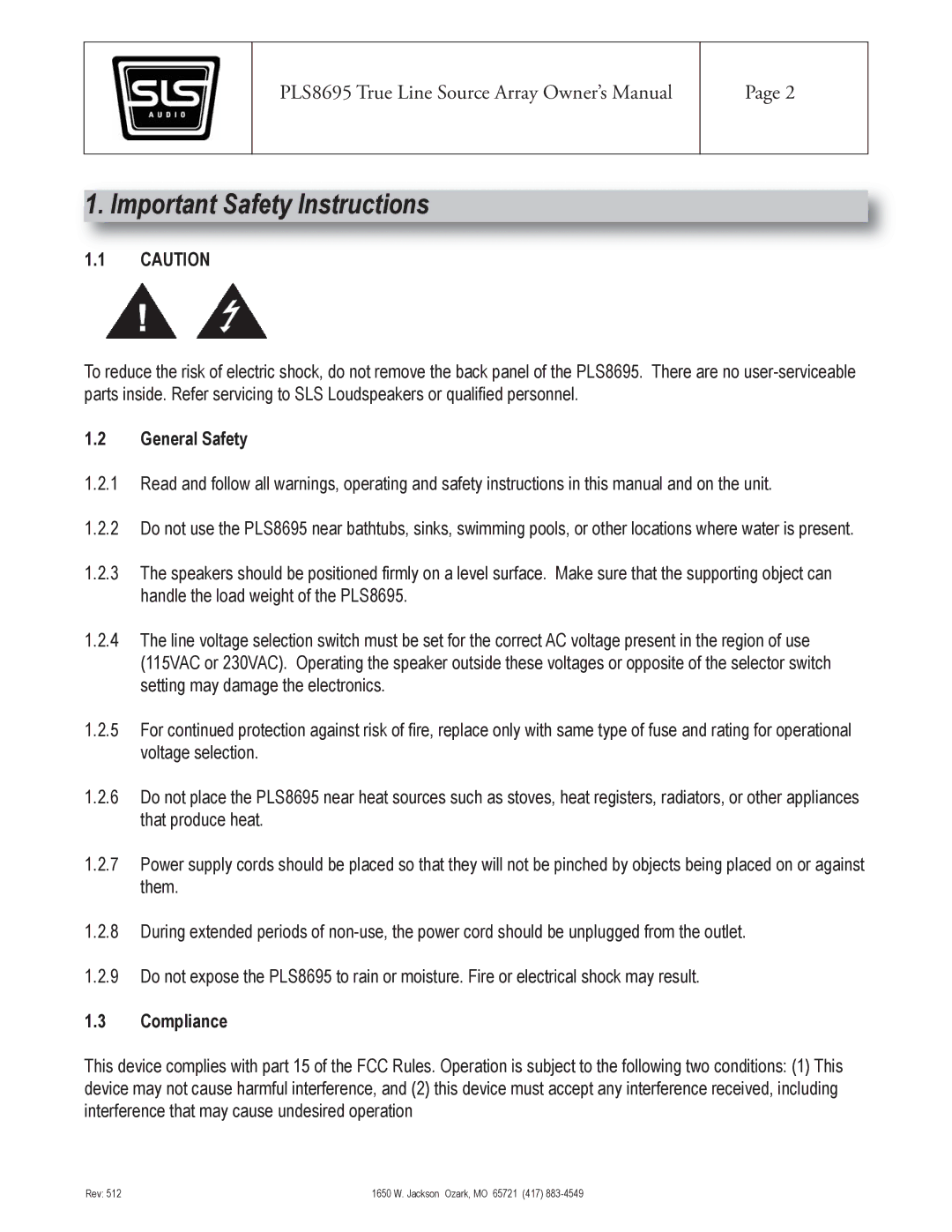 SLS Audio PLS8695 owner manual Important Safety Instructions, General Safety, Compliance 