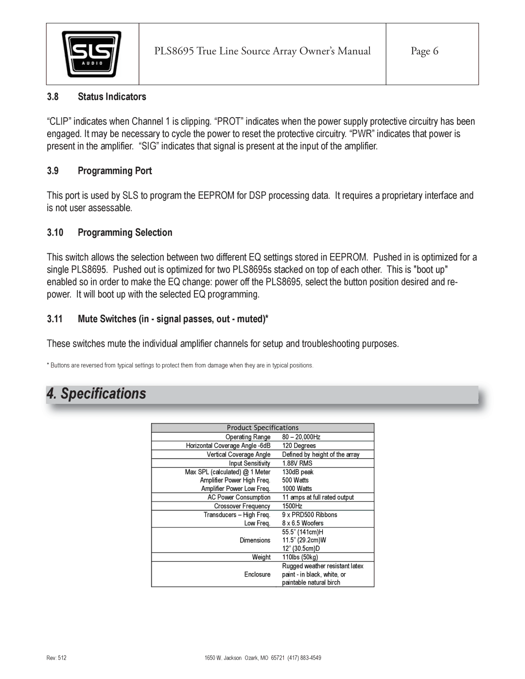 SLS Audio PLS8695 owner manual Specifications, Status Indicators, Programming Port, Programming Selection 