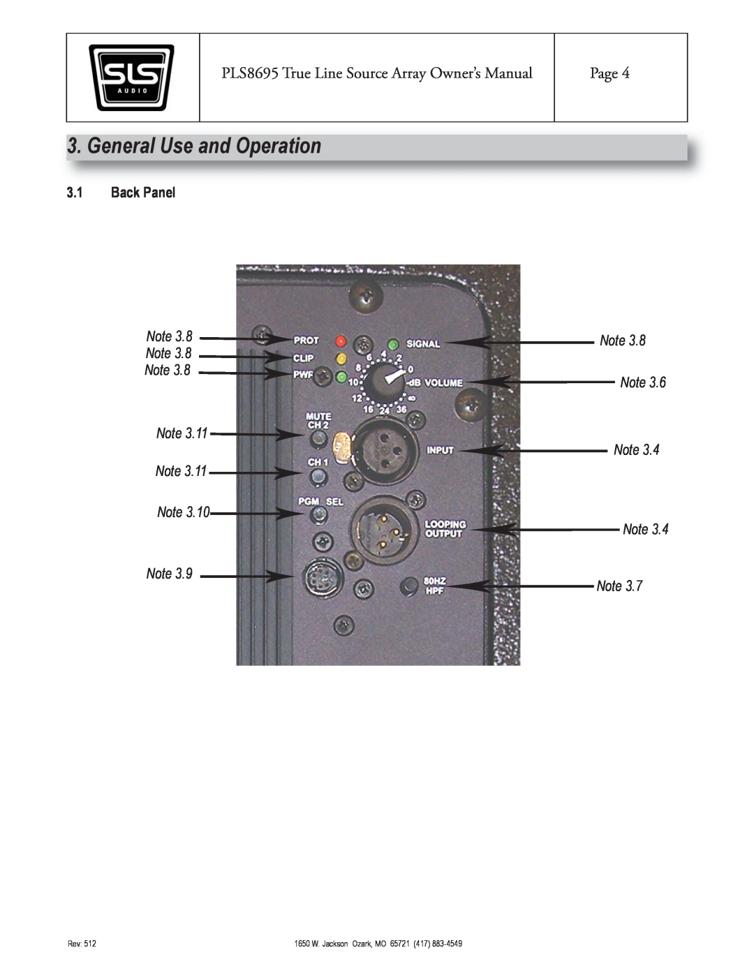 SLS Audio PLS8695 owner manual General Use and Operation, 3.1Back Panel, Page, Rev, 1650 W. Jackson Ozark, MO 65721 