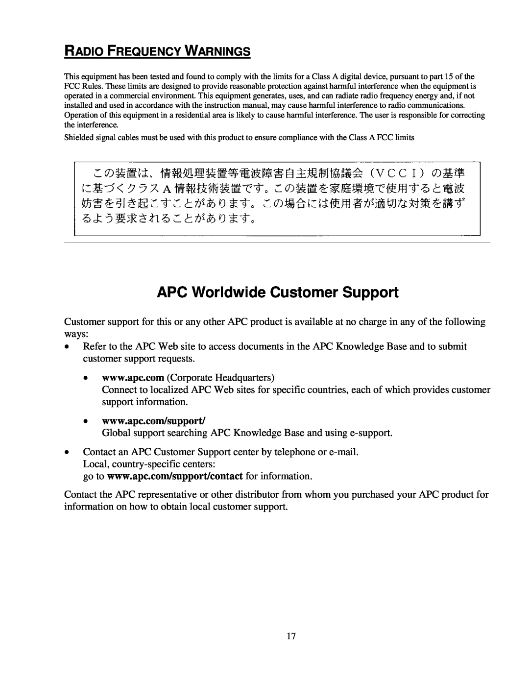 Smart Inventions 990-2689E manual APC Worldwide Customer Support, Radio Frequency Warnings 