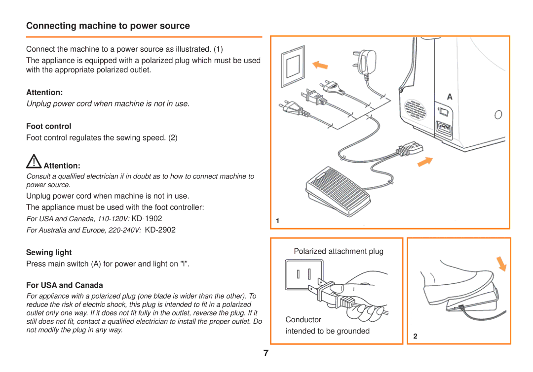 Smart Parts 100 s owner manual Connecting machine to power source, Foot control, Sewing light, For USA and Canada 