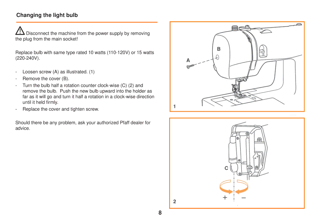 Smart Parts 100 s owner manual Changing the light bulb 