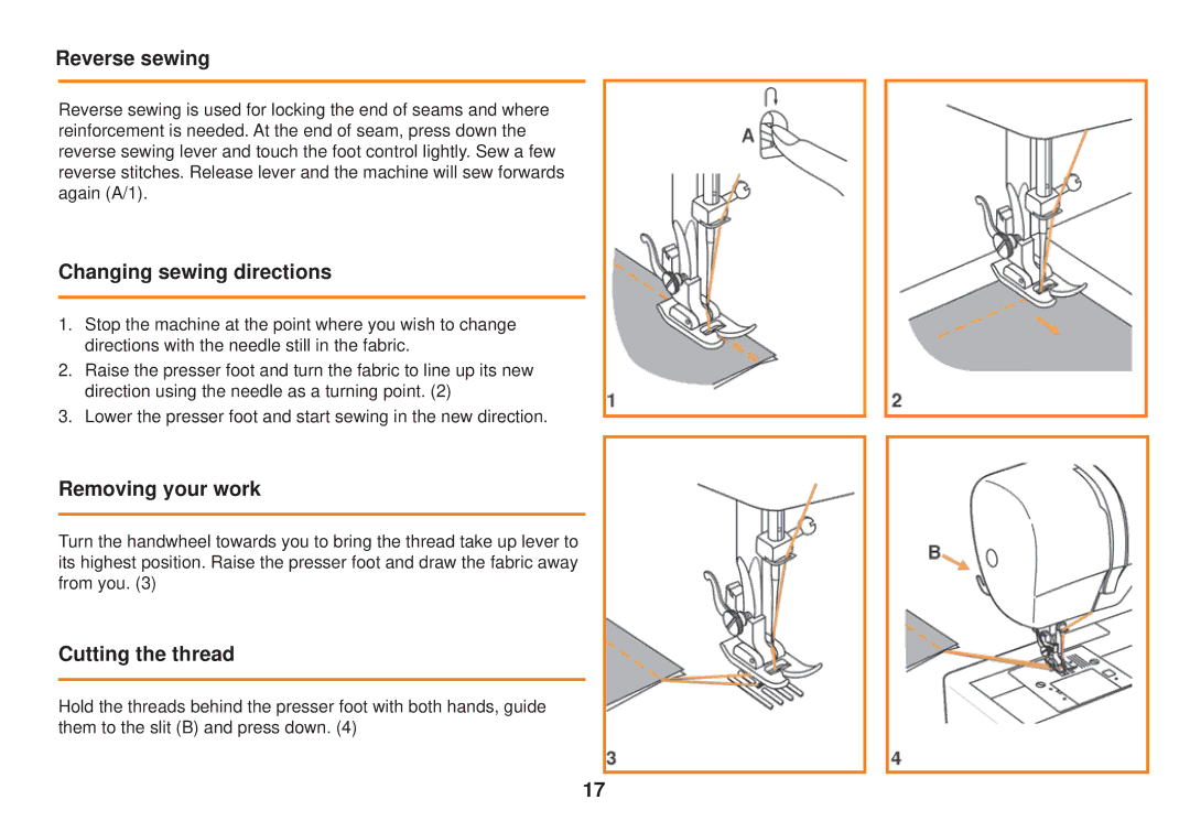 Smart Parts 100 s owner manual Reverse sewing, Changing sewing directions, Removing your work, Cutting the thread 