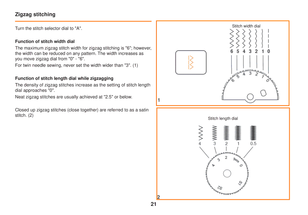 Smart Parts 100 s Zigzag stitching, Function of stitch width dial, Function of stitch length dial while zigzagging 