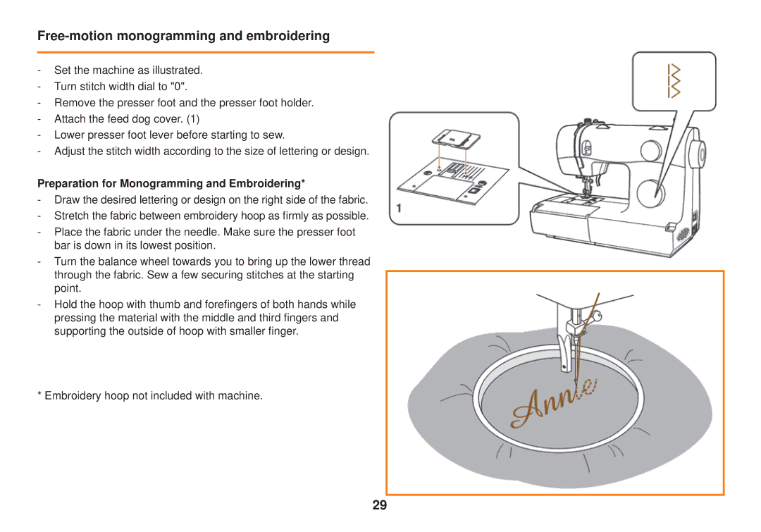 Smart Parts 100 s owner manual Free-motion monogramming and embroidering, Preparation for Monogramming and Embroidering 