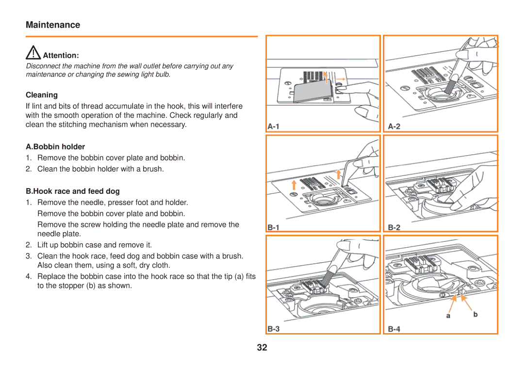 Smart Parts 100 s owner manual Maintenance, Cleaning, Bobbin holder, Hook race and feed dog 