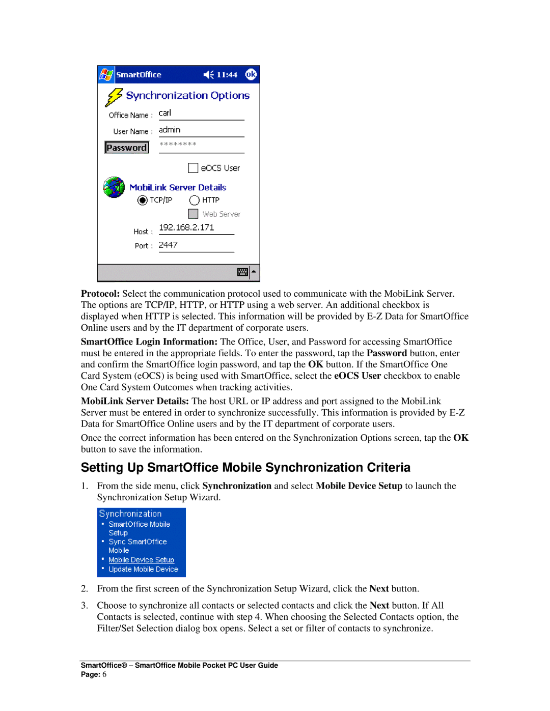 Smart Parts Mobile for Pocket PC manual Setting Up SmartOffice Mobile Synchronization Criteria 