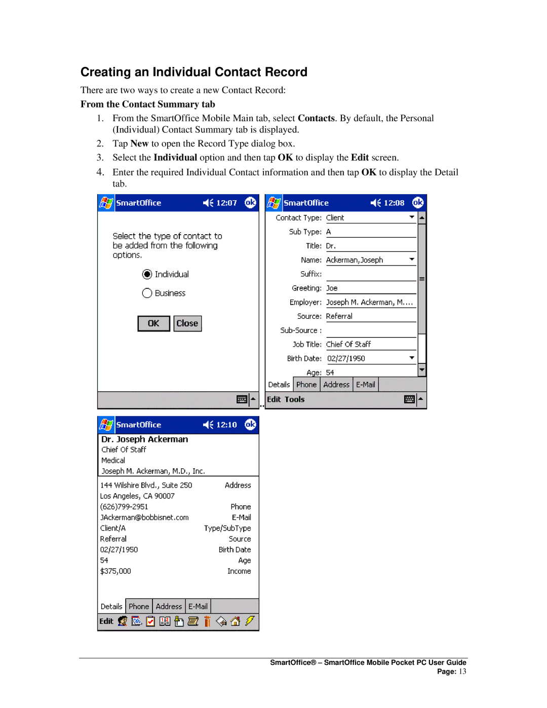 Smart Parts Mobile for Pocket PC manual Creating an Individual Contact Record, From the Contact Summary tab 