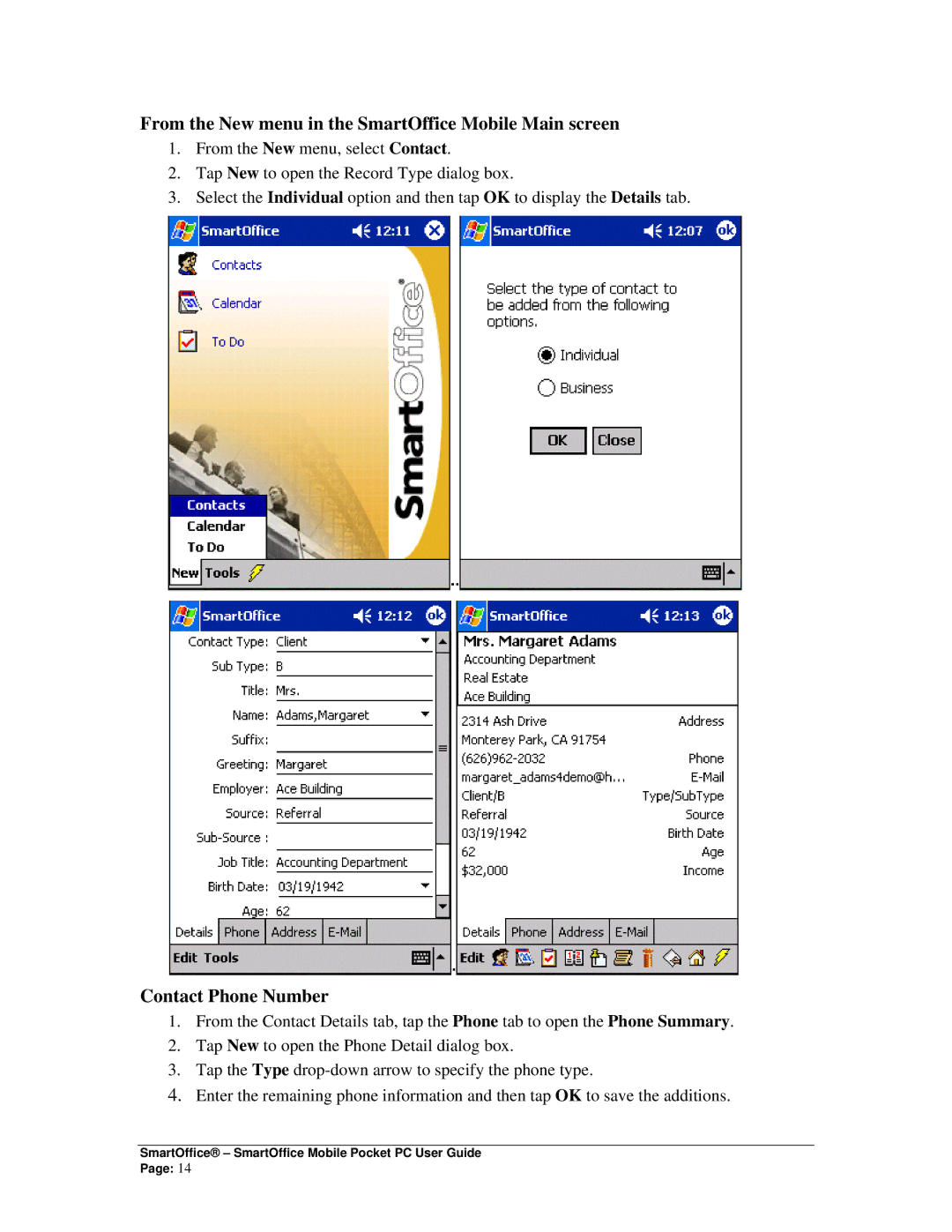 Smart Parts Mobile for Pocket PC manual From the New menu in the SmartOffice Mobile Main screen, Contact Phone Number 