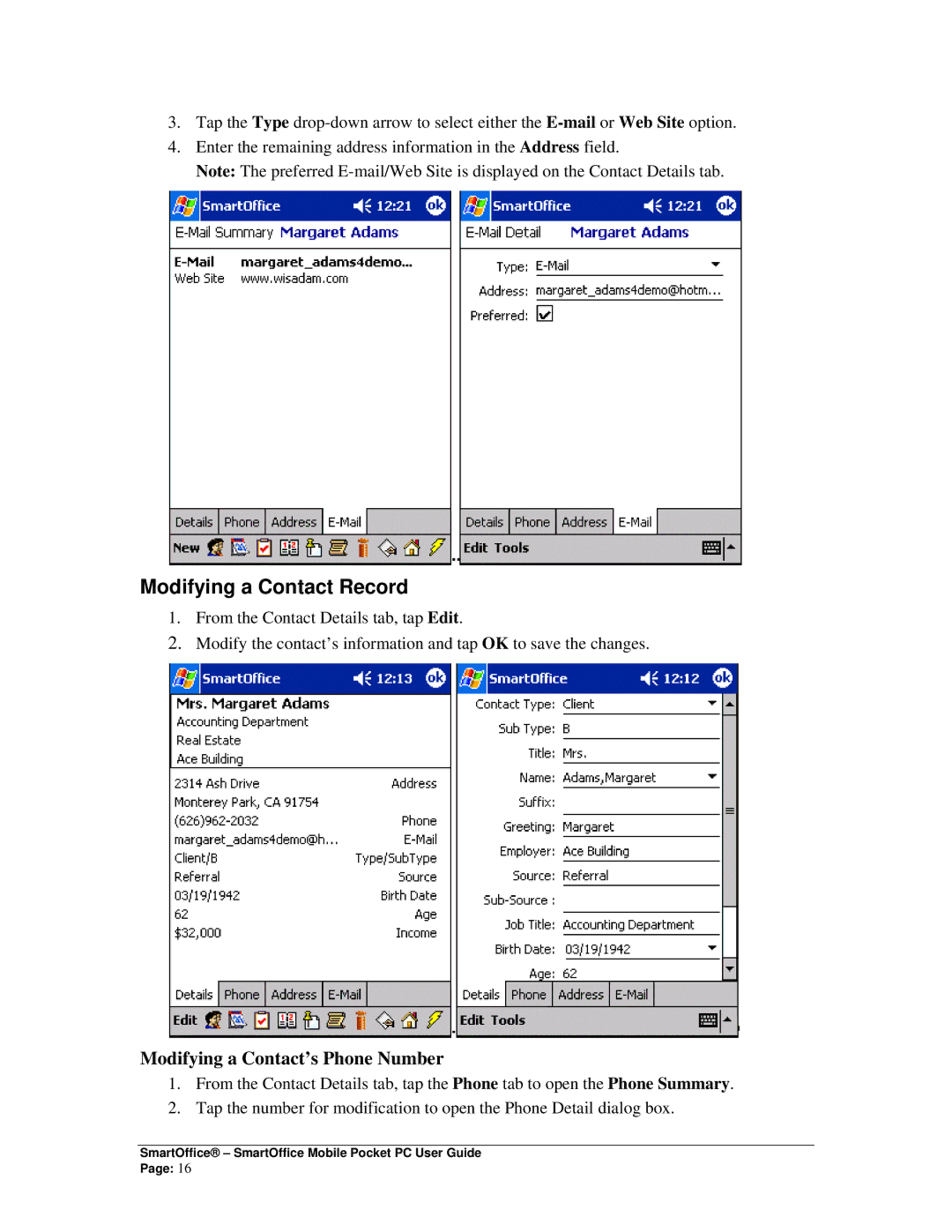 Smart Parts Mobile for Pocket PC manual Modifying a Contact Record, Modifying a Contact’s Phone Number 