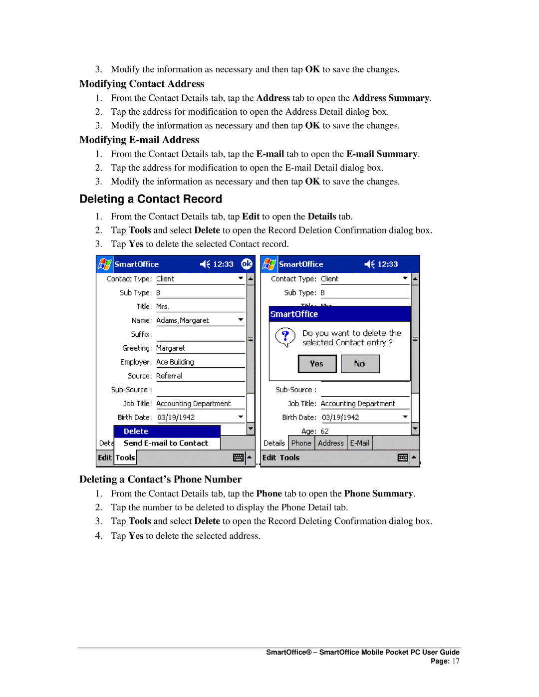 Smart Parts Mobile for Pocket PC manual Deleting a Contact Record, Modifying Contact Address, Modifying E-mail Address 