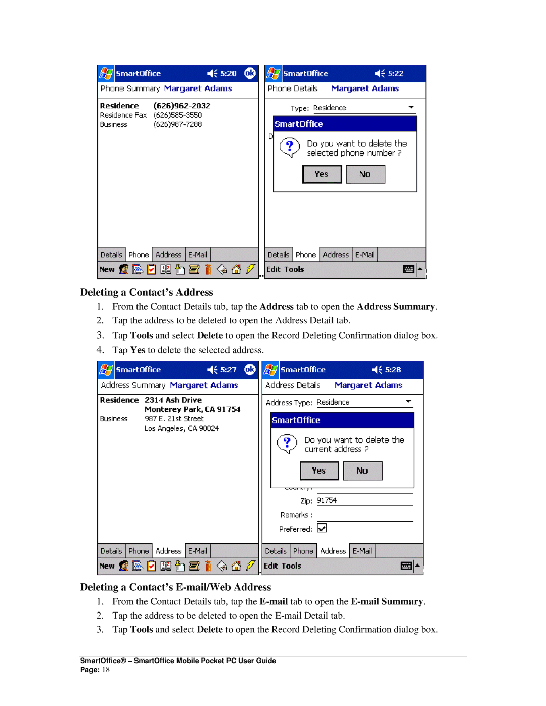 Smart Parts Mobile for Pocket PC manual Deleting a Contact’s Address, Deleting a Contact’s E-mail/Web Address 