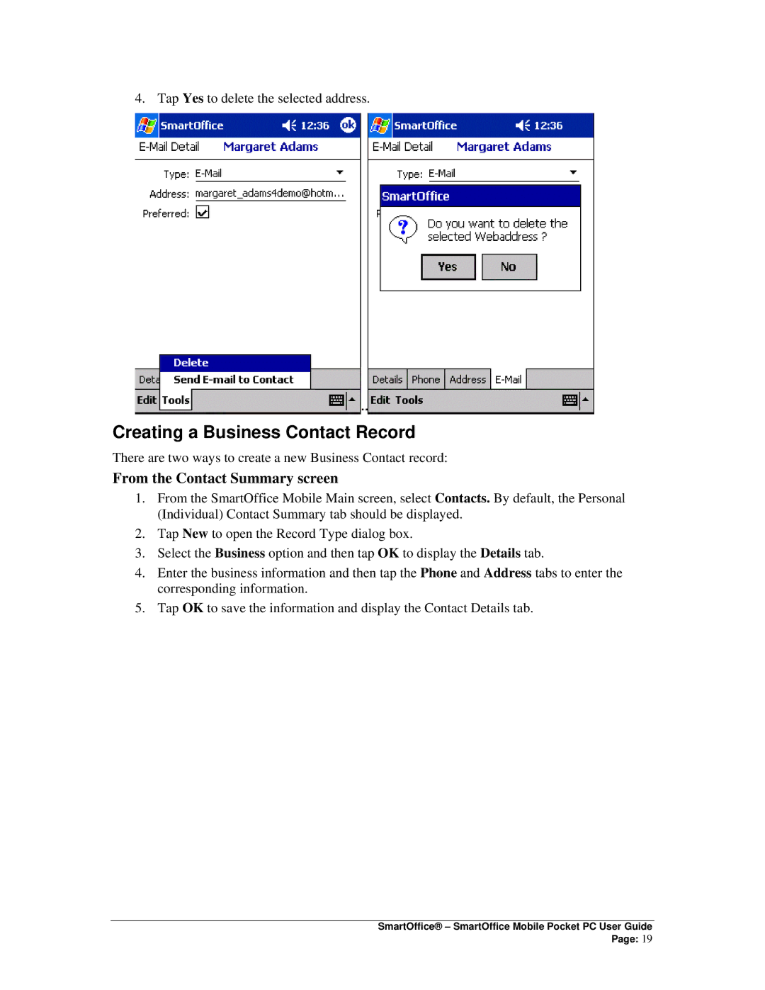 Smart Parts Mobile for Pocket PC manual Creating a Business Contact Record, From the Contact Summary screen 