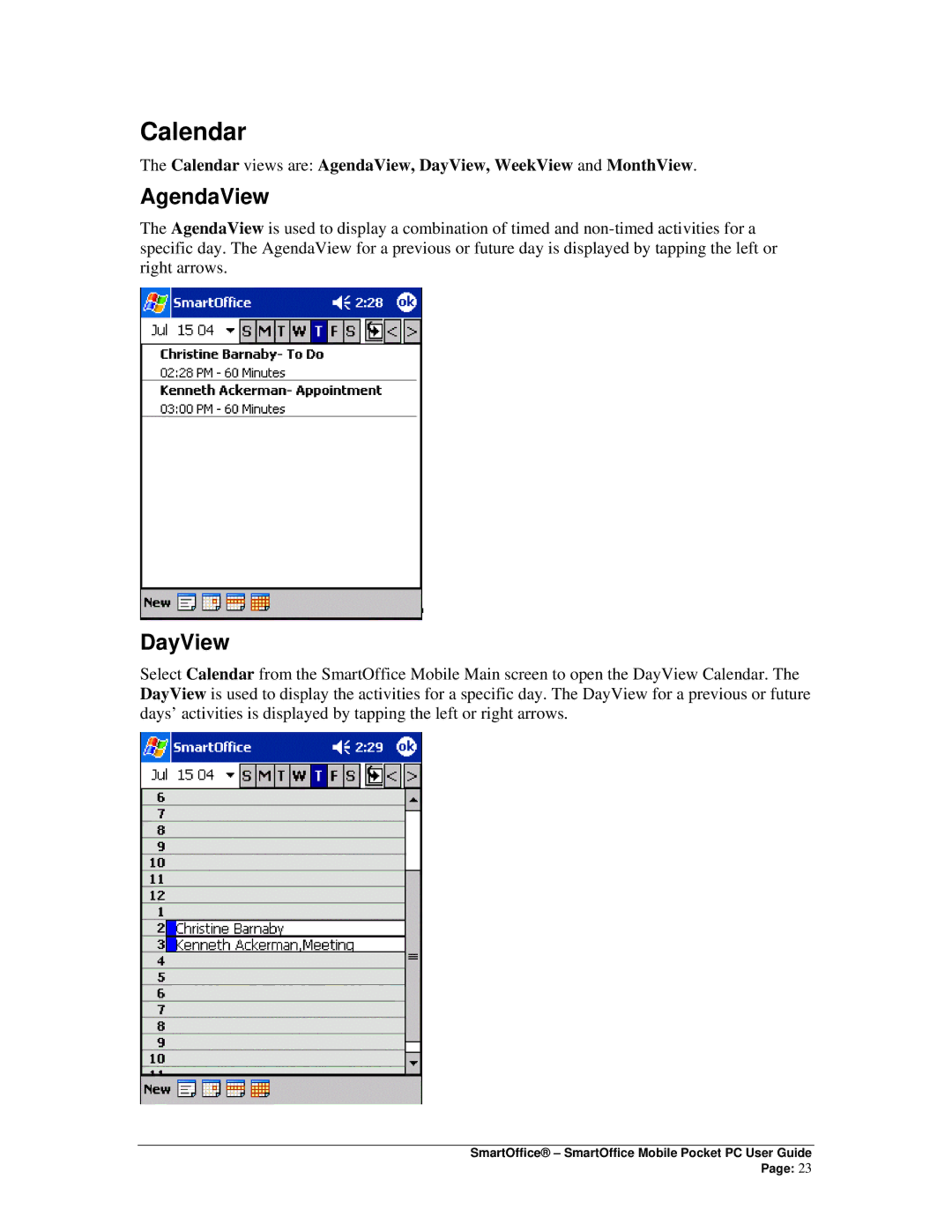 Smart Parts Mobile for Pocket PC manual Calendar, AgendaView, DayView 