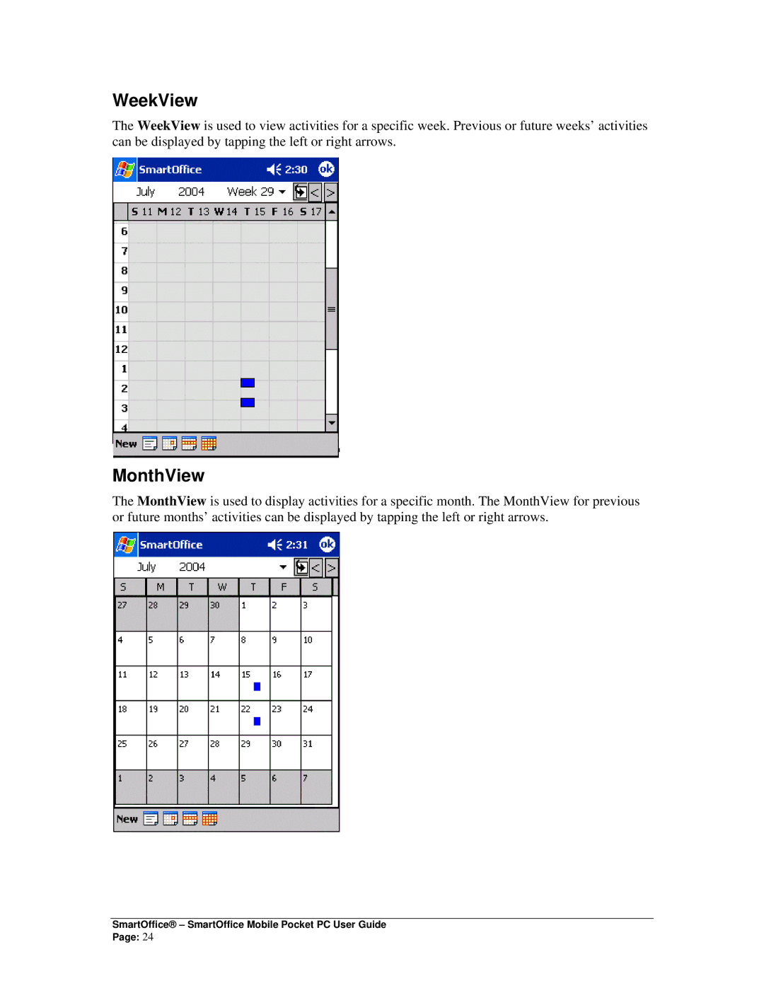 Smart Parts Mobile for Pocket PC manual WeekView, MonthView 