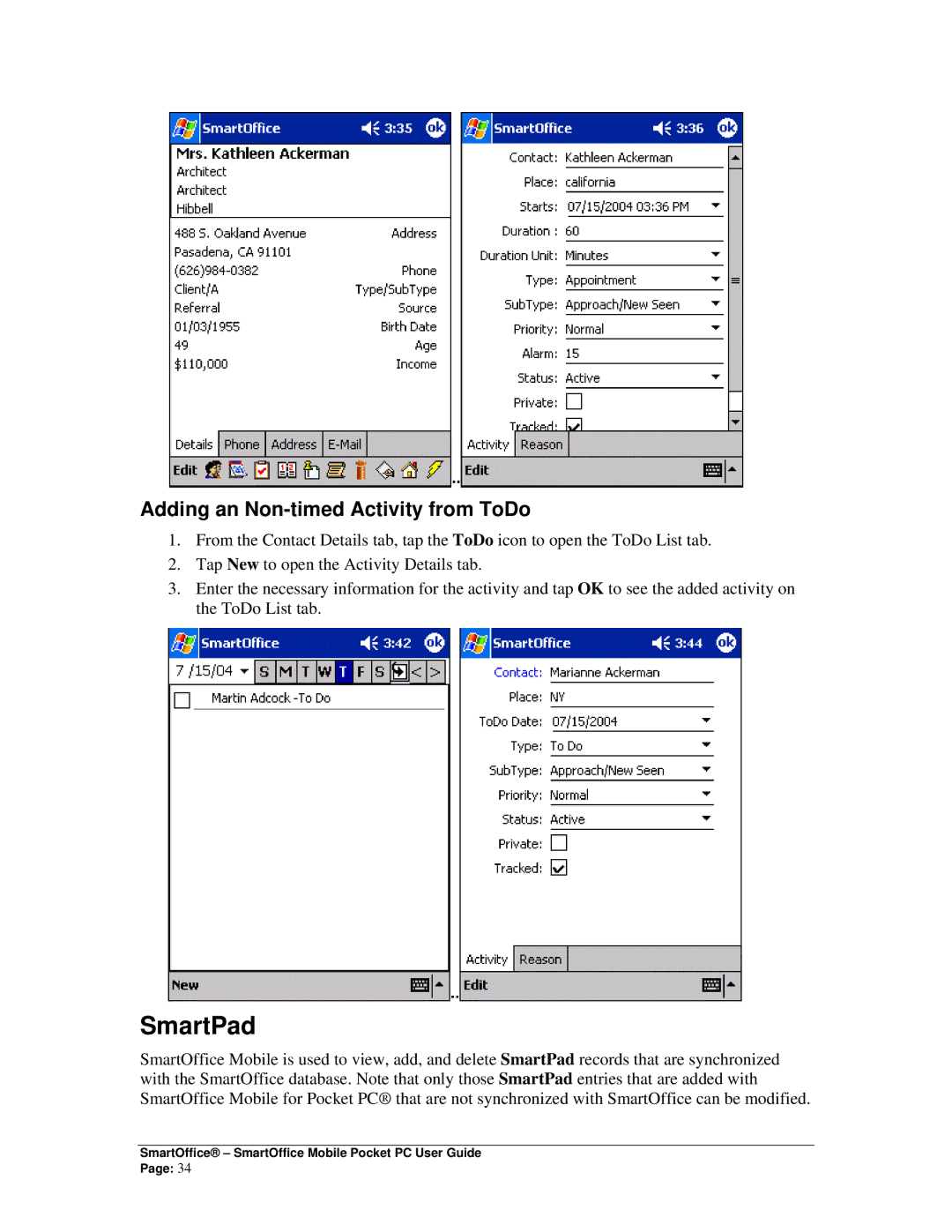 Smart Parts Mobile for Pocket PC manual SmartPad, Adding an Non-timed Activity from ToDo 