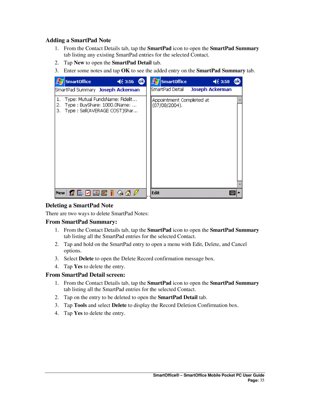 Smart Parts Mobile for Pocket PC manual Adding a SmartPad Note, Deleting a SmartPad Note, From SmartPad Summary 