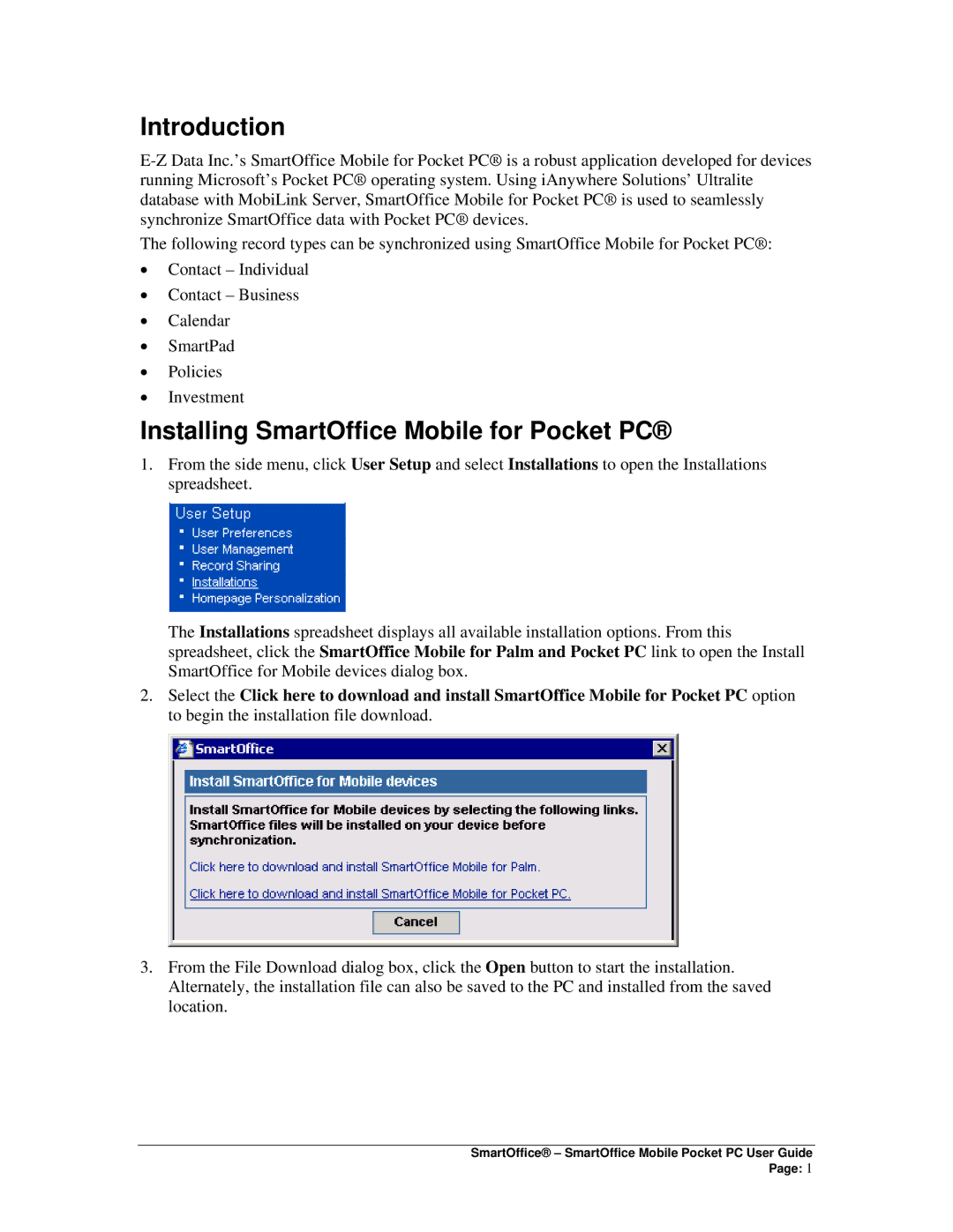 Smart Parts manual Introduction, Installing SmartOffice Mobile for Pocket PC 