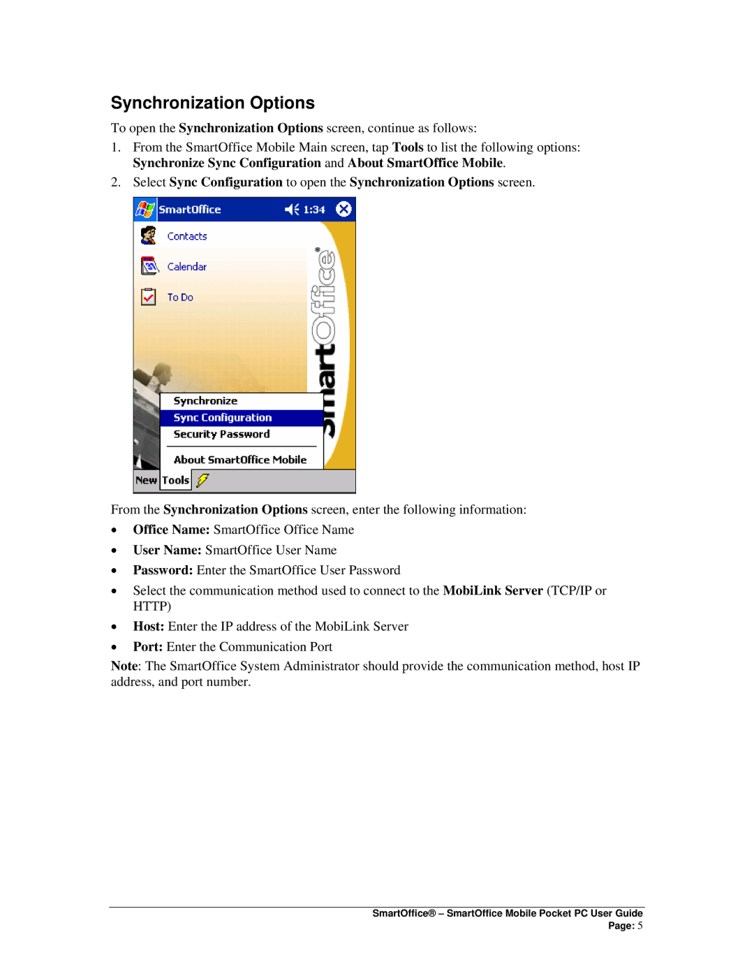 Smart Parts Mobile for Pocket PC manual Synchronization Options 