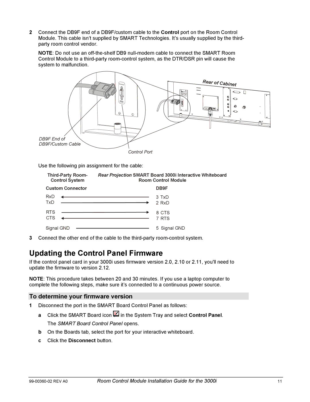 Smart Technologies 3000i manual Updating the Control Panel Firmware, Use the following pin assignment for the cable 