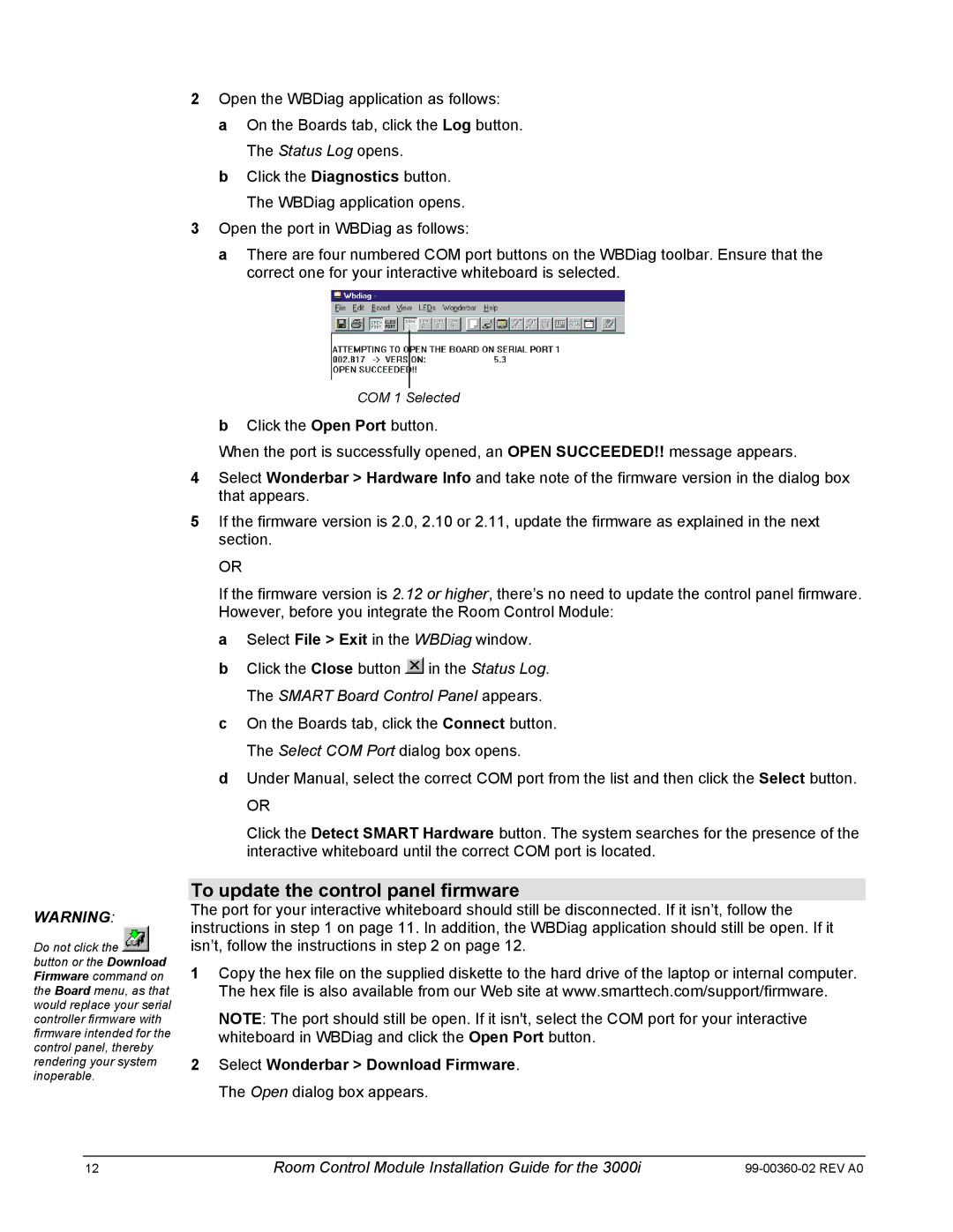 Smart Technologies 3000i manual To update the control panel firmware 